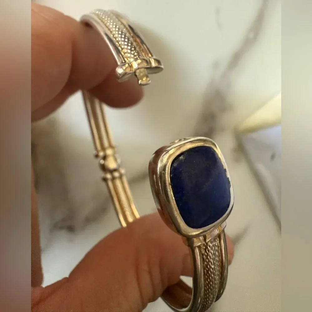 Boho Silver Bangle with Deep Lapis Stone – Artisan Style